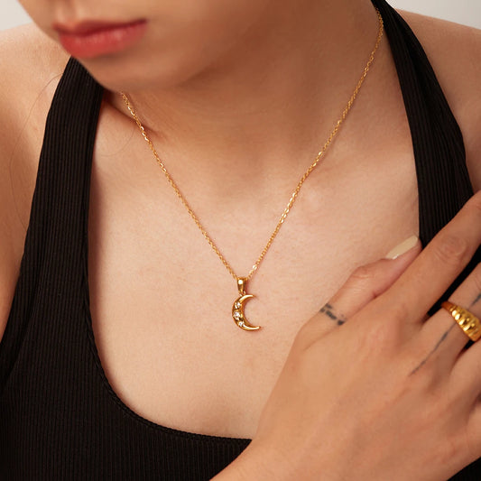 Uworld Stainless Steel Moon Necklace 18K Gold Plated Color Women waterproof Jewelry goth Zircon Pendant Necklace Birthday Gift