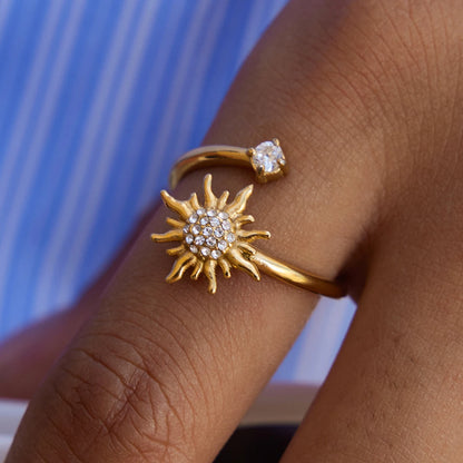 Uworld Personalized Design 18K Gold Color Plated Inlay Zircon Sun Shape Asymmetry Open Ring Waterproof Stainless Steel Jewelry