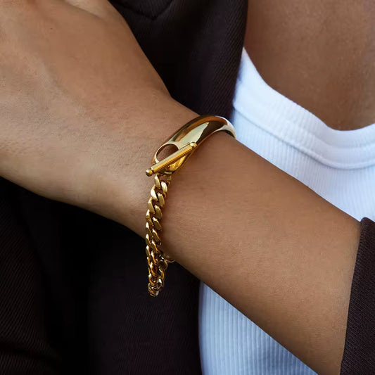 Uworld Classic 18K Gold Color Plated Stainless Steel Asymmetric Half Chain OT Buckle Smooth Surface Bracelet Women's Jewelry Par