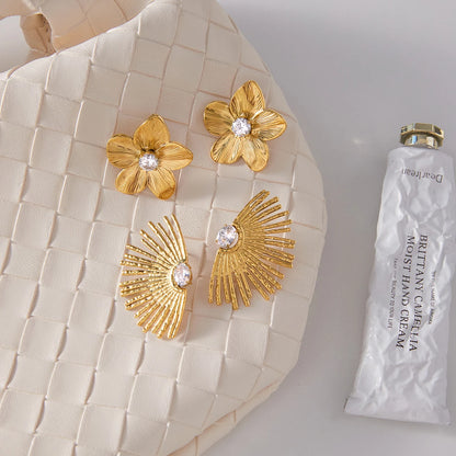 Uworld Simple Classic Round White Zircon Flower Ear Studs 18K Gold Color Plated Stainless Steel Waterproof Hollow Fan Earrings W