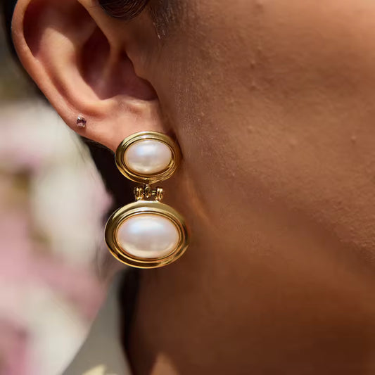 Uworld Fashion Elegant Pearl Earrings 18K Gold Color Stainless Steel Double Elliptical Earrings Women's Accessories Party Gift