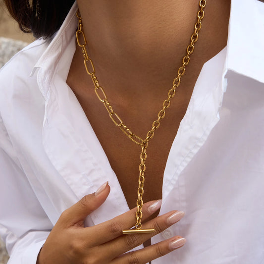 Uworld Minimalist 18K Gold Color Plated Stainless Steel Rod Pendant Thick Chain Asymmetric Y-shaped Chain Tassel Necklace Women