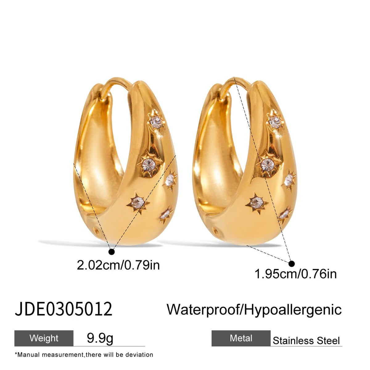 Uworld Minimalist Classic Style 18K Gold Color Plated Stainless Steel Rhinestone Chubby Ear Buckle Earrings Octagonal Star Earri