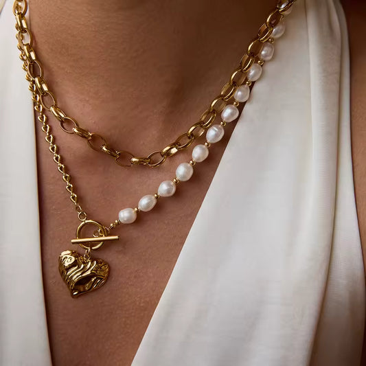 Uworld Fashion Elegant Freshwater Pearl Heart Pendant Necklace 18K Gold Color Plated Stainless Steel Half Pearl Half Chain Neckl