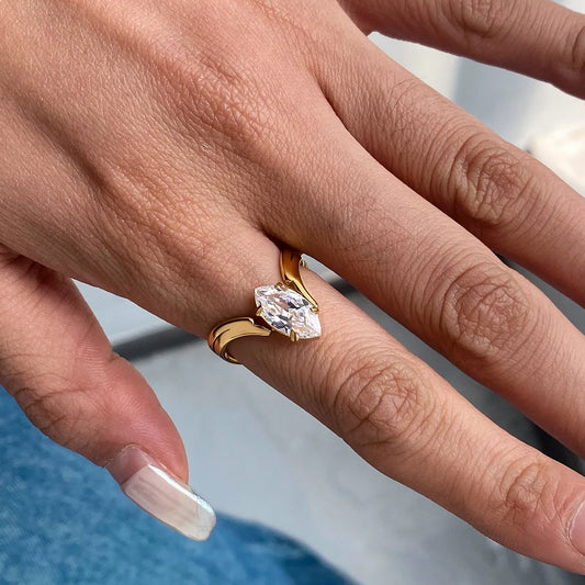 Uworld Minimalist Eyes Zircon 18K Gold Color Plated Stainless Steel Convex Ring Women's Jewelry Gift for Her
