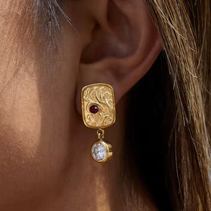 Uworld Unique 18K Gold Color Plated Inlay Red Zircon Square Antique Coin Pendant Earrings Hypoallergenic Stainless Steel Jewelry