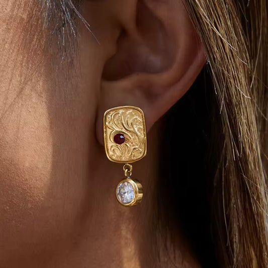 Uworld Unique 18K Gold Color Plated Inlay Red Zircon Square Antique Coin Pendant Earrings Hypoallergenic Stainless Steel Jewelry