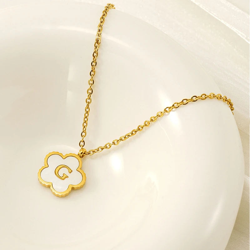 Simple Stainless Steel Pendant With Initial Letter Lucky Clover Shell Gold Color Necklace for Women Jewelry Gift