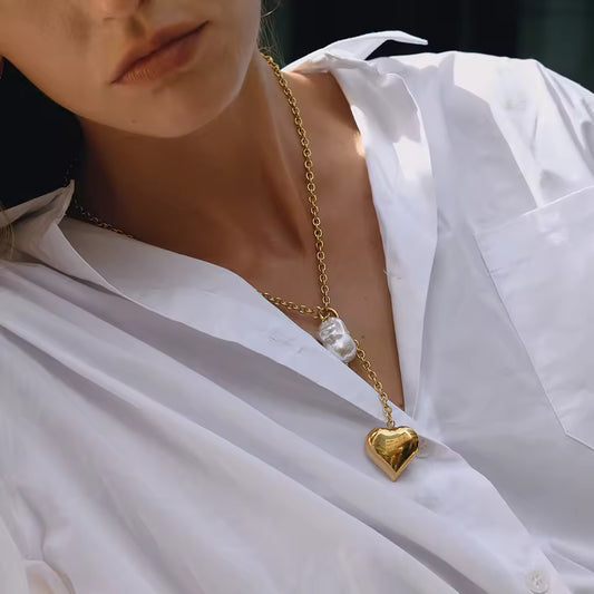 Uworld Classic Trendy 18K Gold Color Plated Irregular Pearl Heart Pendant Tassel Y-Shape Necklace Stainless Steel Jewelry Party