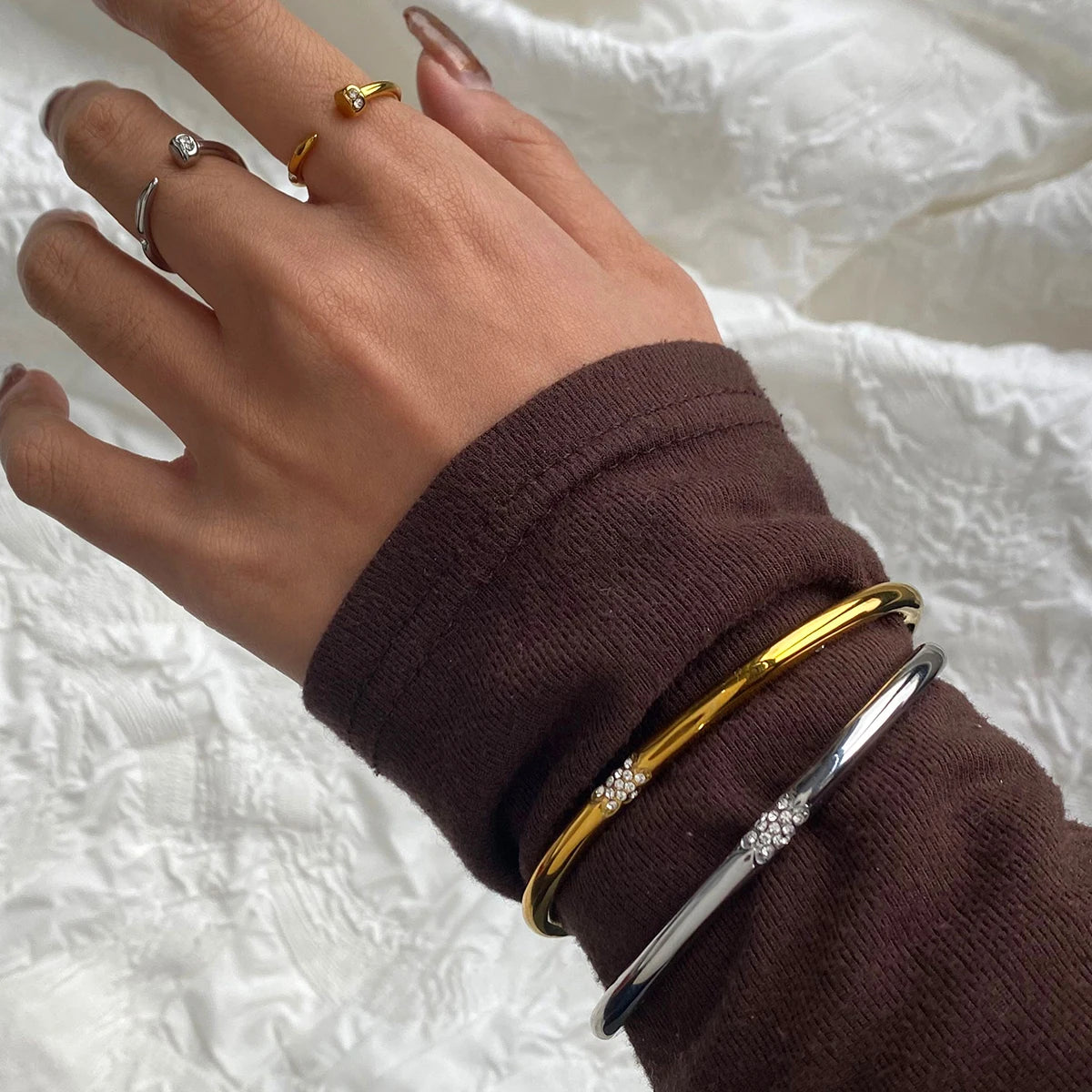 Uworld Stainless Steel 2pcs Exquisite Bracelet Ring Set Nail Bracelet Stackable Ring Zircon Nail Set Women's Jewelry Party Gift