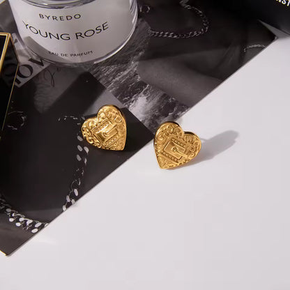 Uworld Classic Fashion 18k Gold Color Plated Belt Buckle Texture Heart-Shape Earring Hypoallergenic Stainless Steel Girl Jewelry