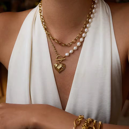 Uworld Fashion Elegant Freshwater Pearl Heart Pendant Necklace 18K Gold Color Plated Stainless Steel Half Pearl Half Chain Neckl
