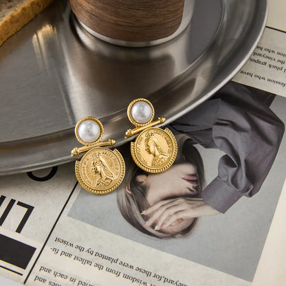 Uworld Classic 18K Gold Color Plated Inlay Resin Pearl Coin Earring Hypoallergenic Waterproof Stainless Steel Women Jewelry Gift