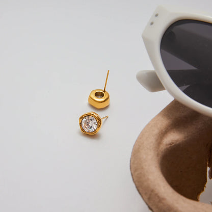 Uworld Simple Classic 18K Gold Color Plated Stainless Steel Round White Zircon Ear Studs Women's Jewelry Party Gift