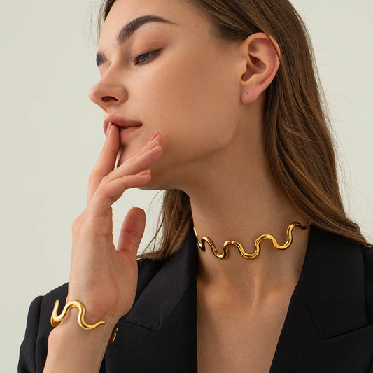 Uworld 18k gold color stainless steel wave pull-out necklace Women Statement Metal Plated Trendy Fashion 2023 Jewelry 목걸이