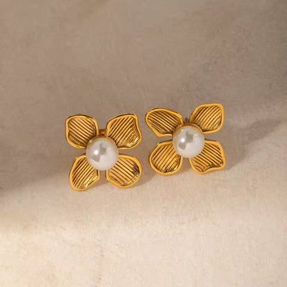 Uworld 316L Stainless Steel Flower Stud Earrings Fashion Metal 18K Gold Color Plated Rust Proof Texture Charm Jewelry for Women