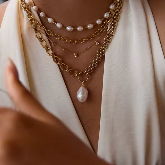 Uworld Fashion Elegant Freshwater Pearl Pendant Necklace Stainless Steel Strap Chain Handmade Chain Necklace Women's Jewelry Gif