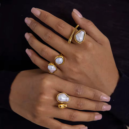 Uworld Simple and Elegant 18K Gold Color Plated Stainless Steel Baroque Shaped Pearl Asymmetric Ring Stackable Pearl Ring Women