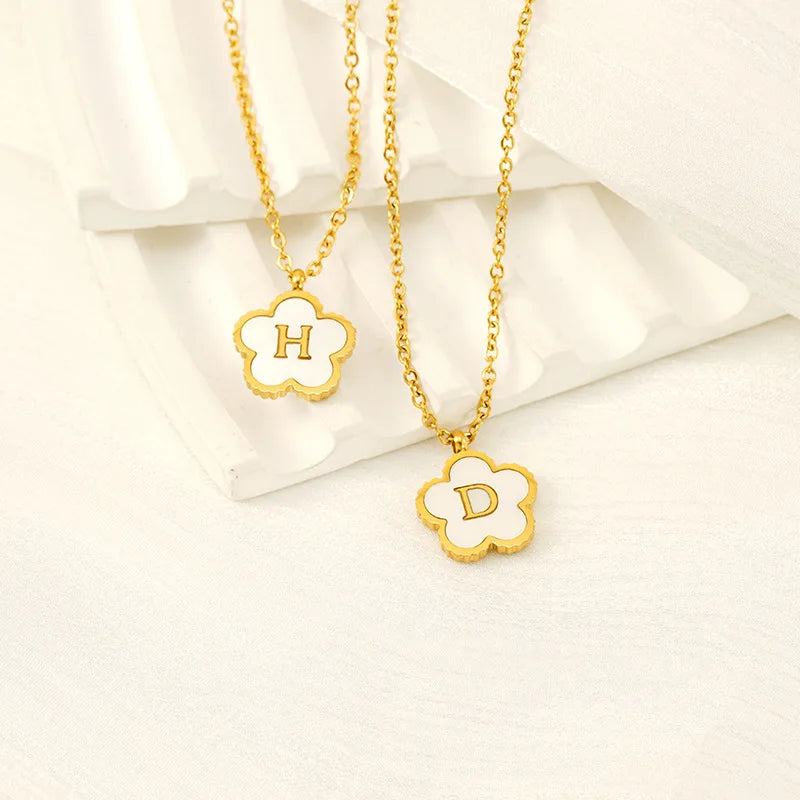 Simple Stainless Steel Pendant With Initial Letter Lucky Clover Shell Gold Color Necklace for Women Jewelry Gift