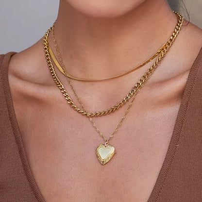 Uworld Simple Classic 18K Gold Color Plated Stainless Steel Pattern Heart Shaped Photo Box Pendant Necklace Stackable Chain Neck
