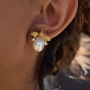 Uworld Fashion Elegant 18K Gold Color Plated Stainless Steel Pearl Bee Earrings Zircon Earrings Women's Accessories Party Gifts