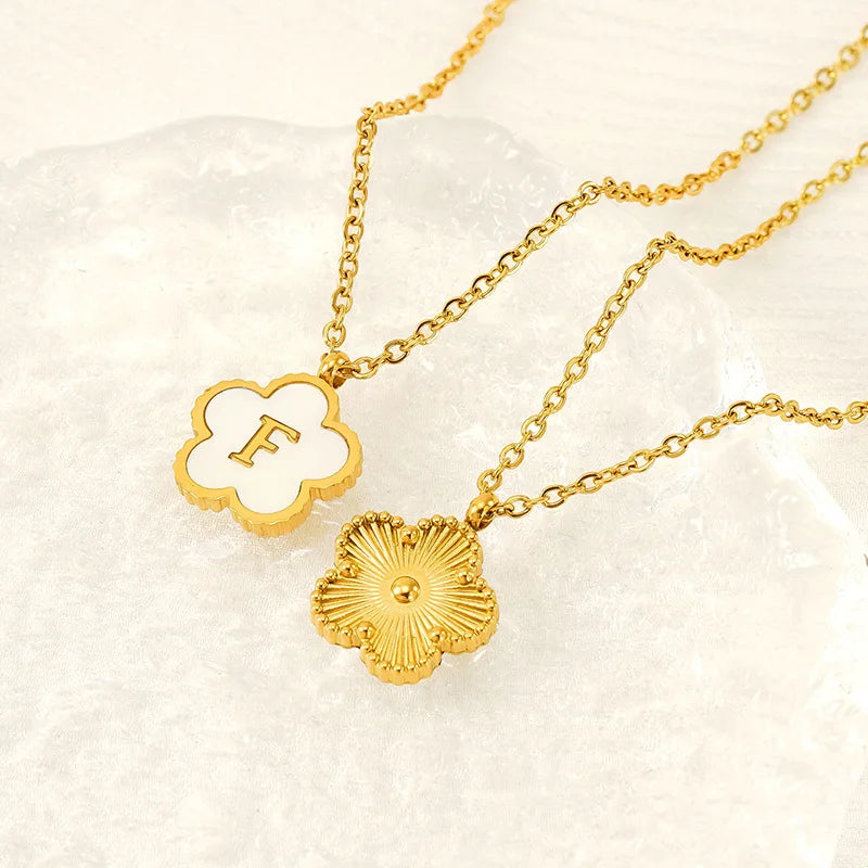 Simple Stainless Steel Pendant With Initial Letter Lucky Clover Shell Gold Color Necklace for Women Jewelry Gift