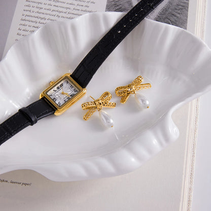 Uworld Elegant Classic 18k Gold Color Plated Lace Bowknot Glass Pearl Pendant Earrings Hypoallergenic Stainless Steel Jewelry