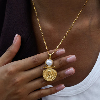 Uworld Classic Trendy 18K Gold Color Plated Inlay Resin Pearl Coin Pendant Necklace Waterproof Stainless Steel Women's Jewelry