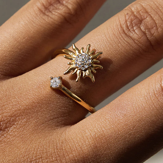 Uworld Personalized Design 18K Gold Color Plated Inlay Zircon Sun Shape Asymmetry Open Ring Waterproof Stainless Steel Jewelry