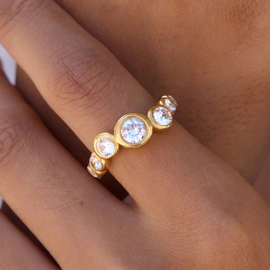 Uworld Simple Classic Round White Zircon Wave Ring 18K PVD Stainless Steel Gold Color Stackable Ring Women's Jewelry
