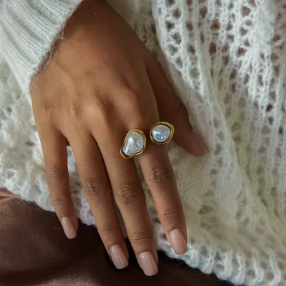 Uworld Simple and Elegant 18K Gold Color Plated Stainless Steel Baroque Shaped Pearl Asymmetric Ring Stackable Pearl Ring Women