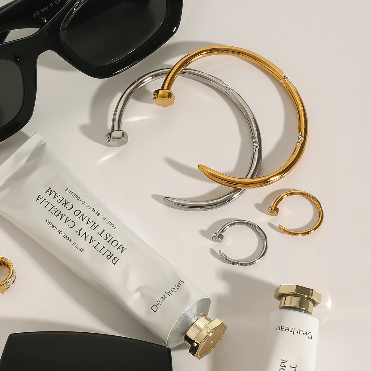 Uworld Stainless Steel 2pcs Exquisite Bracelet Ring Set Nail Bracelet Stackable Ring Zircon Nail Set Women's Jewelry Party Gift