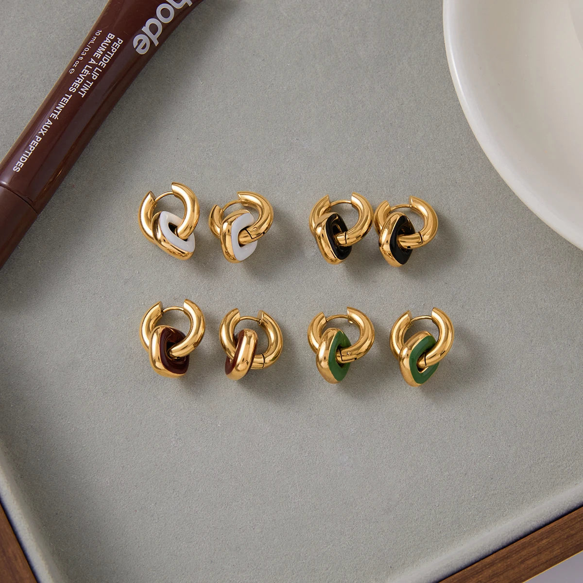 Uworld Minimalist 18K Gold Color Plated Stainless Steel Brown Drip Oil Double Ring Splicing Earrings Women's Jewelry Party Gift