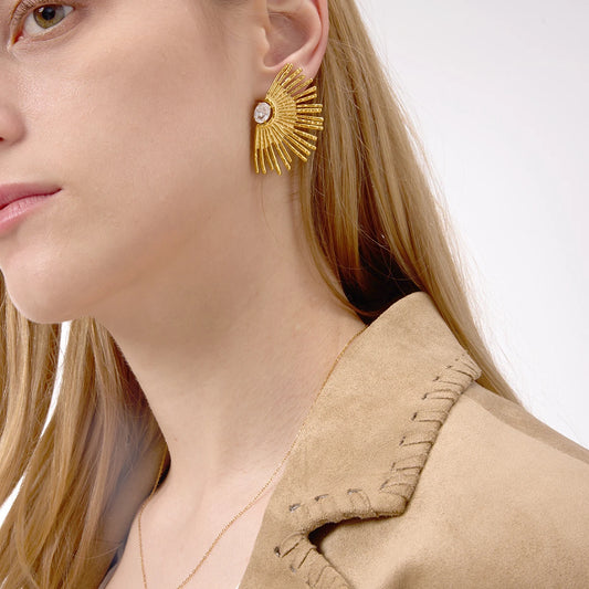 Uworld Simple Classic Round White Zircon Flower Ear Studs 18K Gold Color Plated Stainless Steel Waterproof Hollow Fan Earrings W