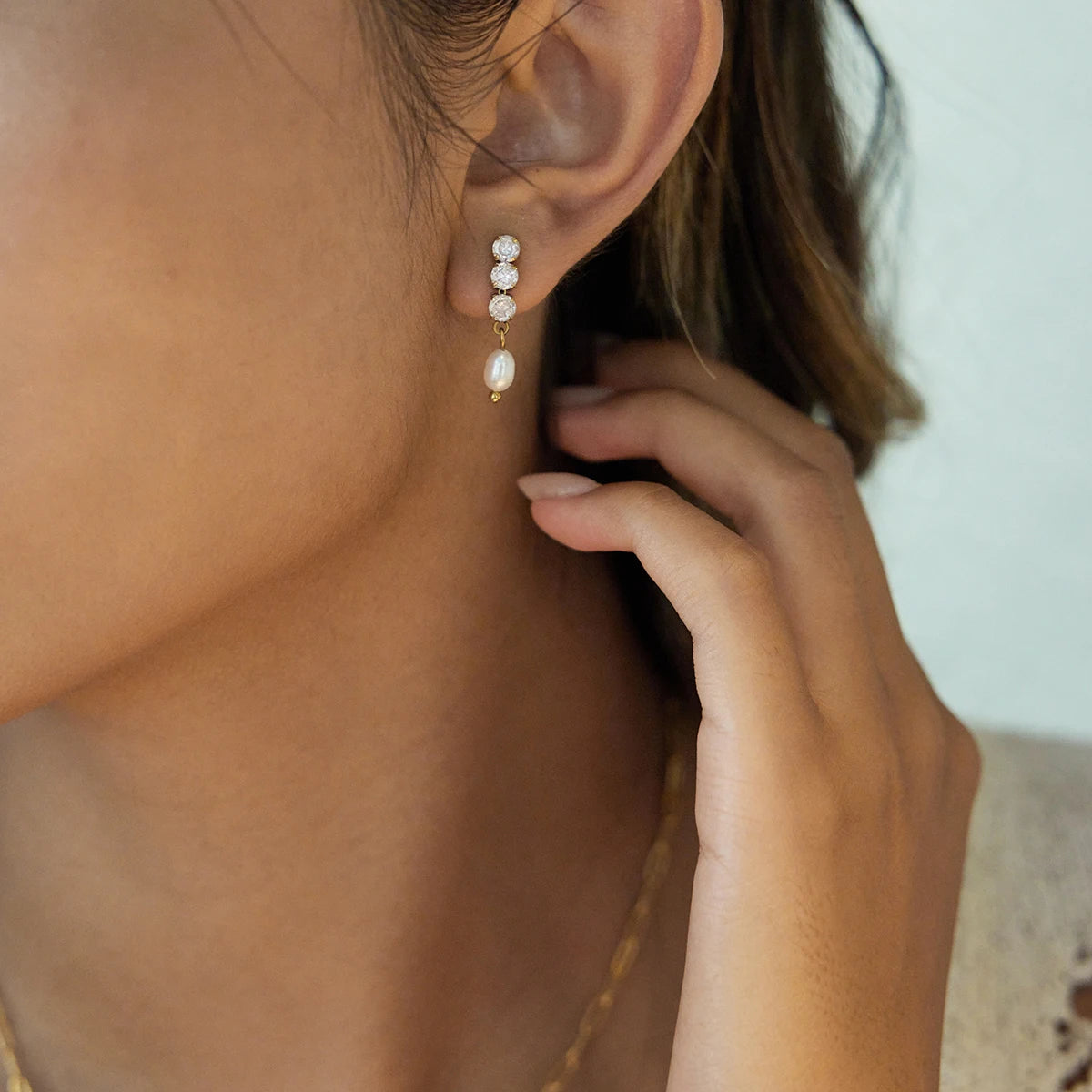 Uworld Fashion Elegant Square White Zircon Freshwater Pearl Pendant Earrings 18K PVD Stainless Steel Women's Jewelry Party Gift