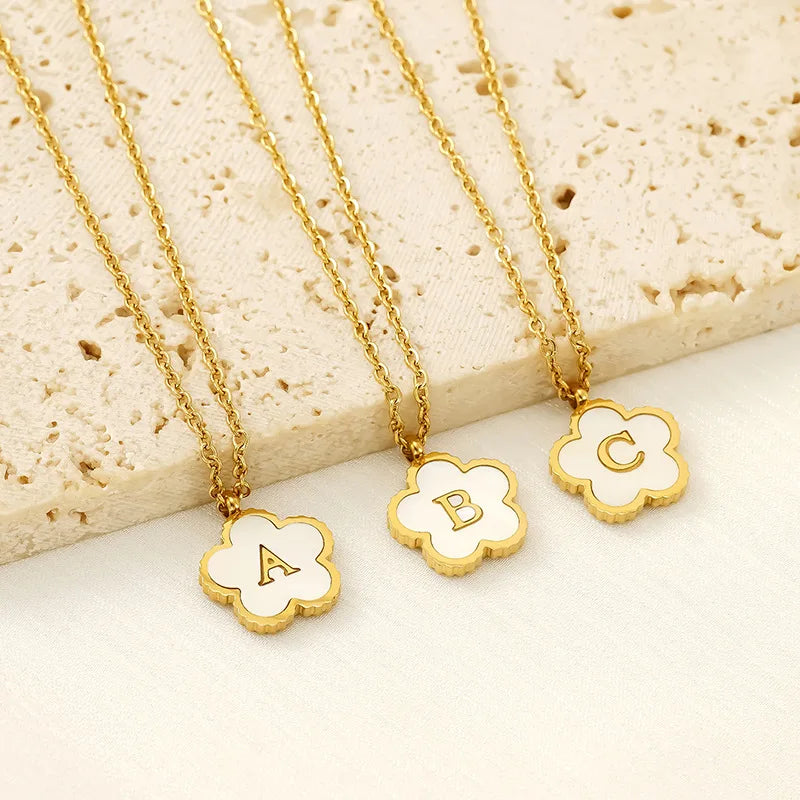 Simple Stainless Steel Pendant With Initial Letter Lucky Clover Shell Gold Color Necklace for Women Jewelry Gift