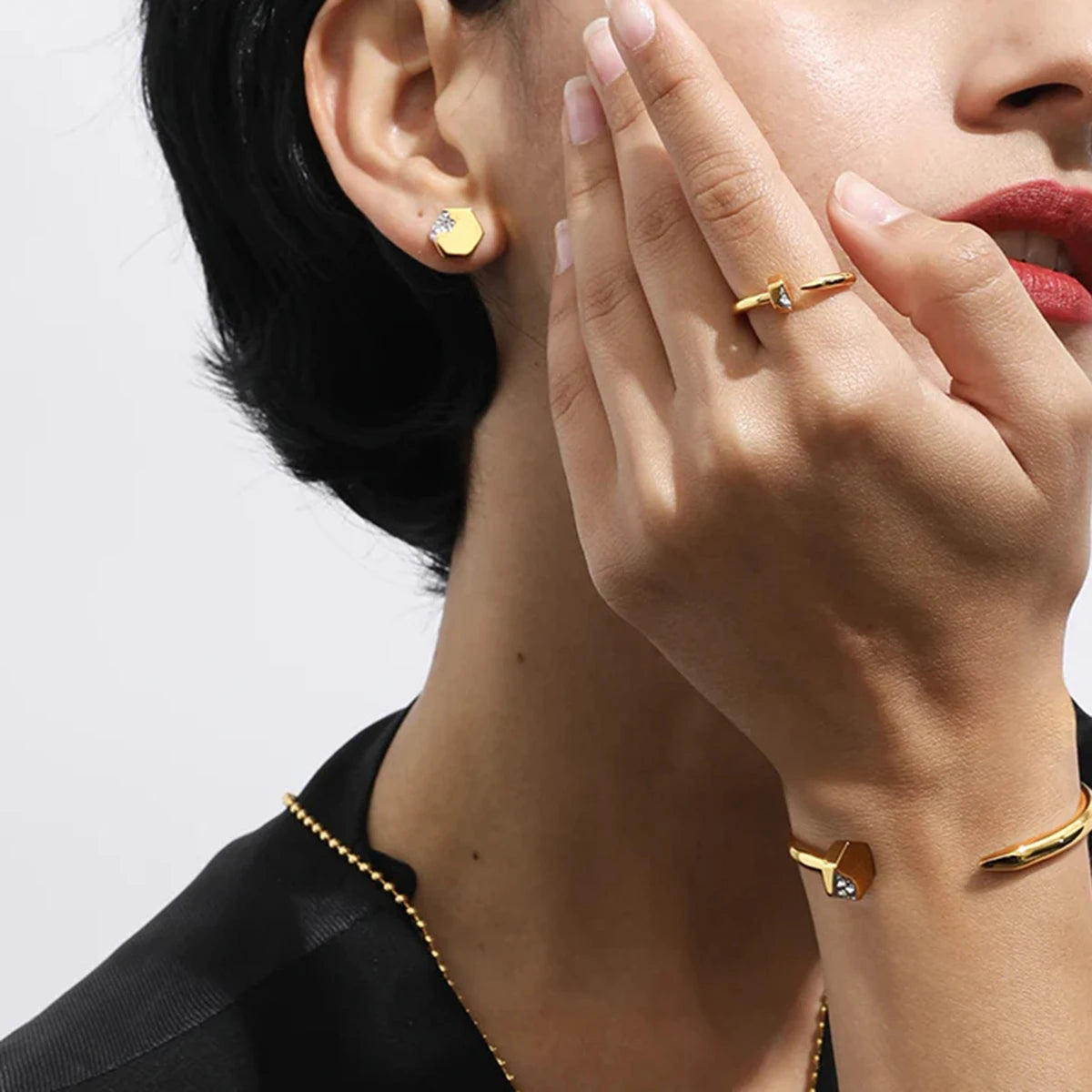 Uworld Stainless Steel 2pcs Exquisite Bracelet Ring Set Nail Bracelet Stackable Ring Zircon Nail Set Women's Jewelry Party Gift