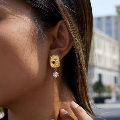 Uworld Unique 18K Gold Color Plated Inlay Red Zircon Square Antique Coin Pendant Earrings Hypoallergenic Stainless Steel Jewelry