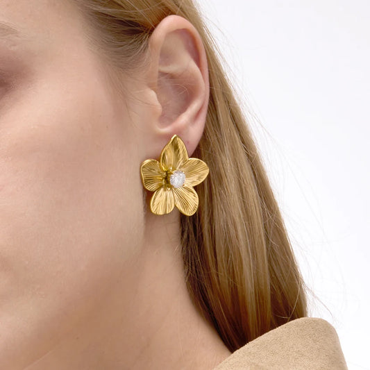 Uworld Simple Classic Round White Zircon Flower Ear Studs 18K Gold Color Plated Stainless Steel Waterproof Hollow Fan Earrings W