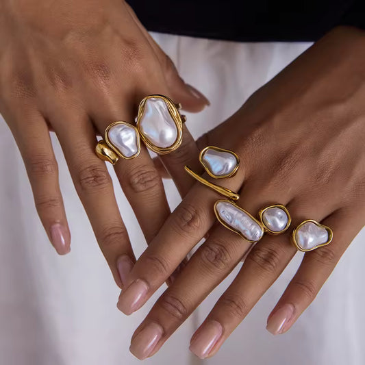 Uworld Simple and Elegant 18K Gold Color Plated Stainless Steel Baroque Shaped Pearl Asymmetric Ring Stackable Pearl Ring Women